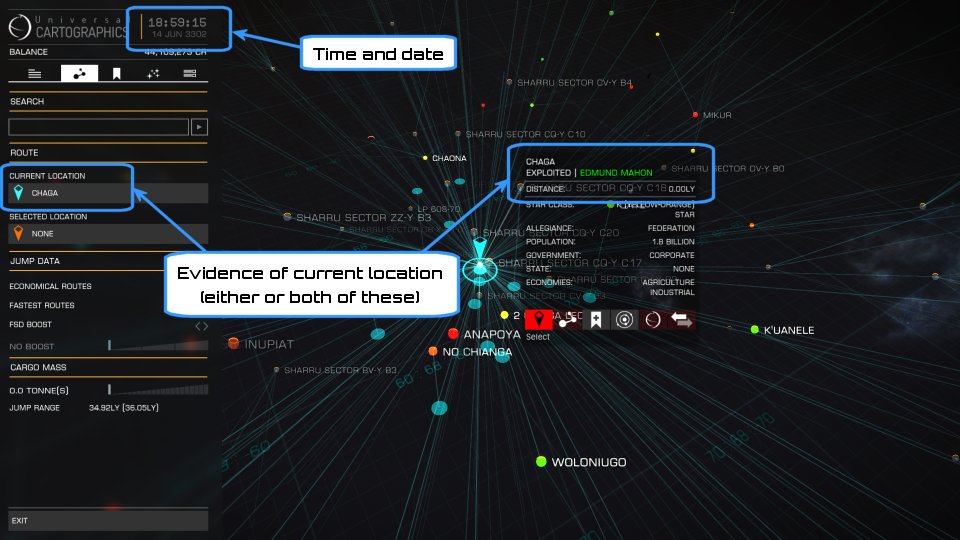Galaxy map screen showing time and date, plus current location equals X and/or system X is distance zero light years